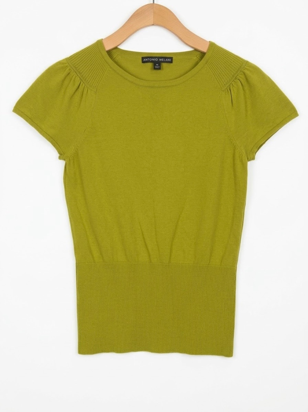Antonio Melani Wool Blend Knit Top Chartreuse Olive Short Sleeve Puff Ribbed M